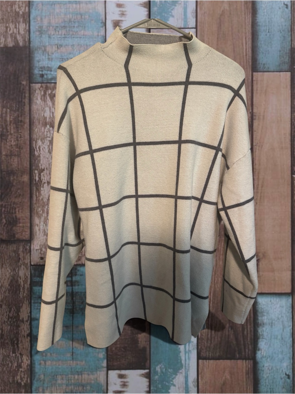 Cream Windowpane Turtleneck Sweater